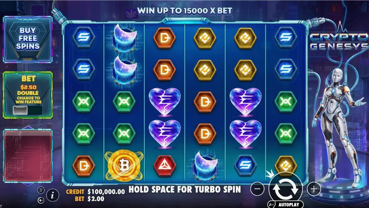 Tampilan antarmuka slot Crypto Genesys di perangkat mobile dengan nuansa cyberpunk