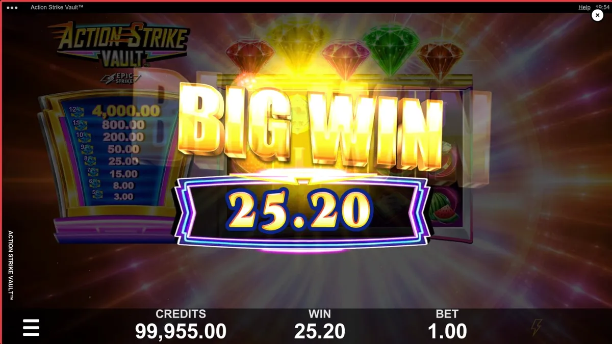 Tampilan visual slot Action Strike Vault dengan latar belakang ruang angkasa dan neon kasino