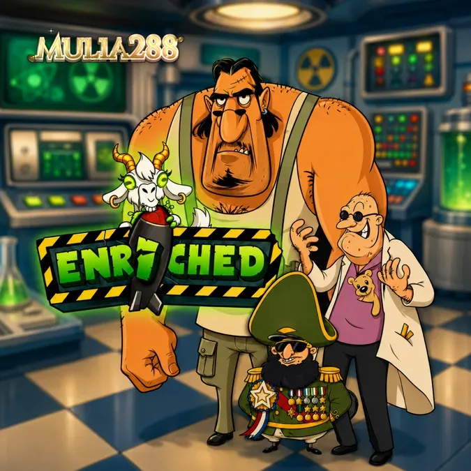 Tampilan visual slot Enriched dengan tema laboratorium retro dan simbol Uranium Rods.