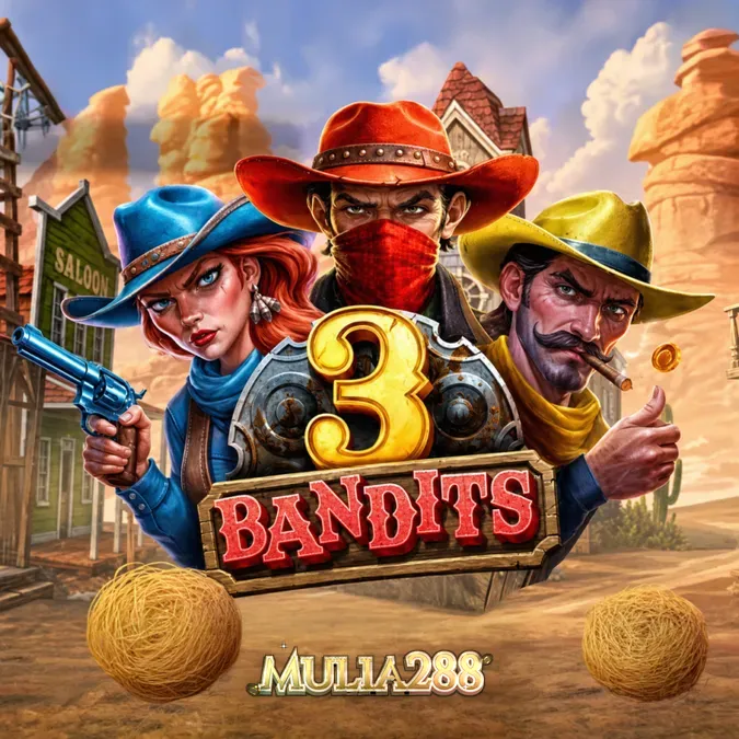 Tampilan layar permainan slot 3 Bandits dengan simbol bandit dan koin di gulungan